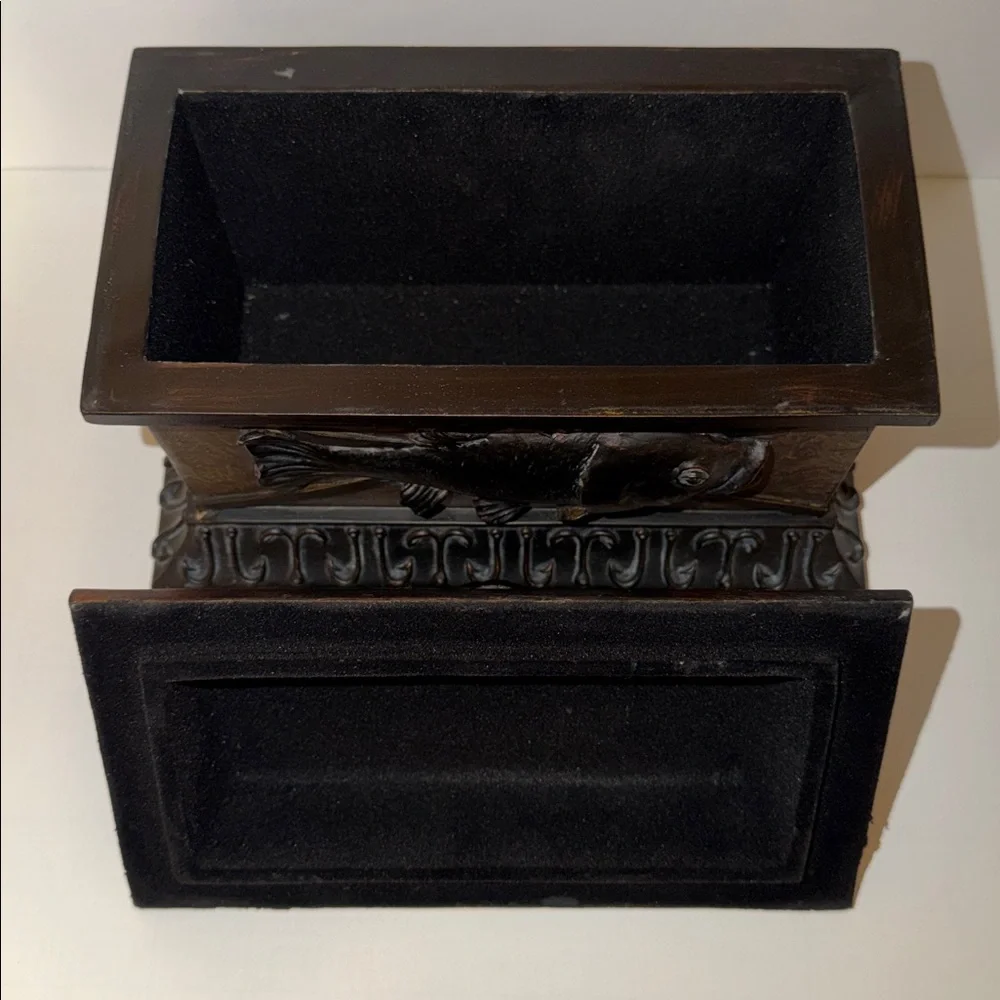Vintage Decorative Brown Fish Box Featuring a Relief Style Fish Theme. Heavy